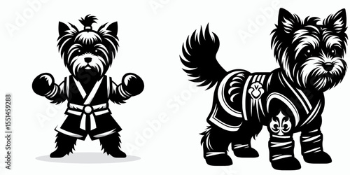 Yorkshire Terrier Dog in muay thai costume. Boxing Sport Cartoon Animal Clipart Line Art Vector Illustration. Tiny yorkie canine garb a little pet fighter apparel.