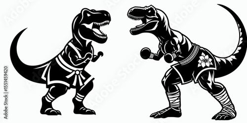 T rex in muay thai costume. Boxing Sport Cartoon Animal Clipart Line Art Vector Illustration. Huge reptile kickboxing dressup prehistoric fighter for martial theme.
