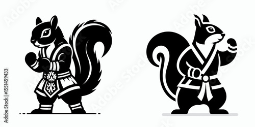 Squirrel in muay thai costume. Boxing Sport Cartoon Animal Clipart Line Art Vector Illustration. Rodent wearing outfit fighter fun martial gear.