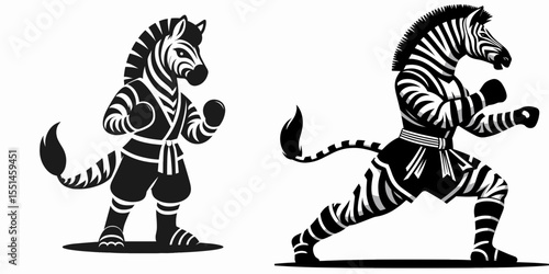 Zebra in muay thai costume. Boxing Sport Cartoon Animal Clipart Line Art Vector Illustration. Striped equine garb funny fighter apparel.