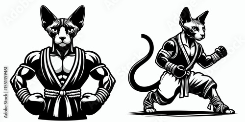 Sphynx Cat in muay thai costume. Boxing Sport Cartoon Animal Clipart Line Art Vector Illustration. Hairless feline wearing attire for combat sport outfit.
