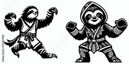Sloth in muay thai costume. Boxing Sport Cartoon Animal Clipart Line Art Vector Illustration. Slow beastie attire funny wearing martial outfit.