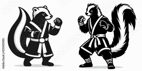 Skunk in muay thai costume. Boxing Sport Cartoon Animal Clipart Line Art Vector Illustration. Striped polecat donning fighter garment a combat fancy dress outfit.