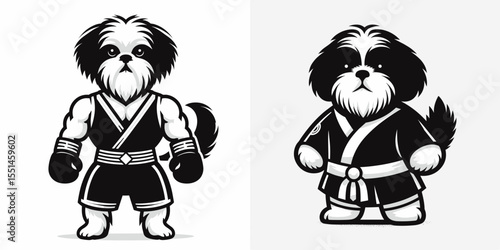Shih Tzu Dog in muay thai costume. Boxing Sport Cartoon Animal Clipart Line Art Vector Illustration. Little canine apparel cute fighter.
