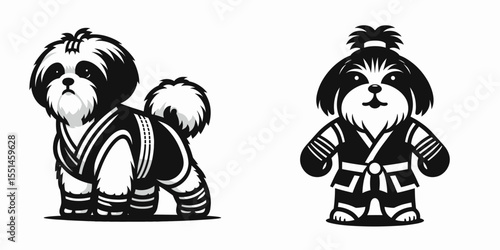 Shih Tzu Dog in muay thai costume. Boxing Sport Cartoon Animal Clipart Line Art Vector Illustration. Tiny canine kickboxing attire a small pet fighting garb.