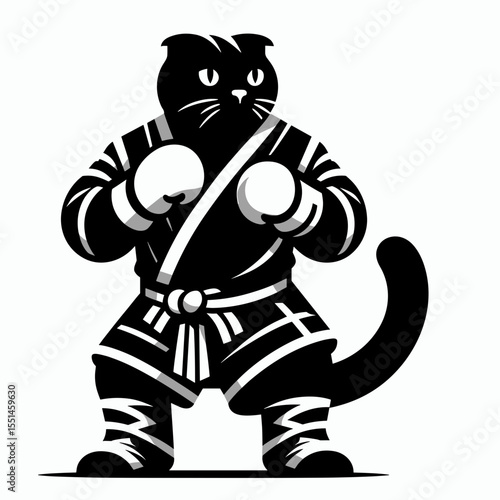 Scottish Fold Cat in muay thai costume. Boxing Sport Cartoon Animal Clipart Line Art Vector Illustration. Cute folded-ear feline combat attire martial clothing.