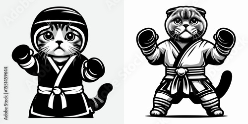 Scottish Fold Cat in muay thai costume. Boxing Sport Cartoon Animal Clipart Line Art Vector Illustration. Cute feline kickboxing apparel a kitty wearing fighter garment for.