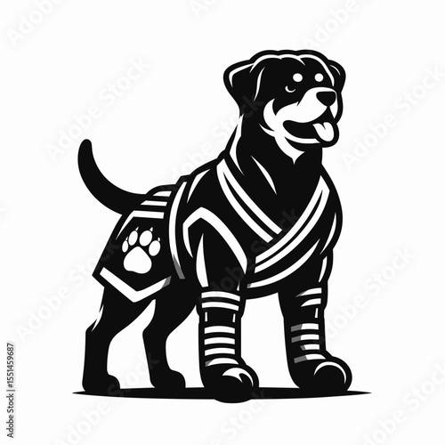 Rottweiler Dog in muay thai costume. Boxing Sport Cartoon Animal Clipart Line Art Vector Illustration. Strong canine fighter attire combat apparel powerful guard.