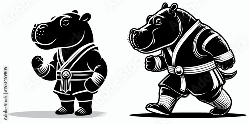 Pygmy hippo in muay thai costume. Boxing Sport Cartoon Animal Clipart Line Art Vector Illustration. Tiny river horse with kickboxing garment martial theme.
