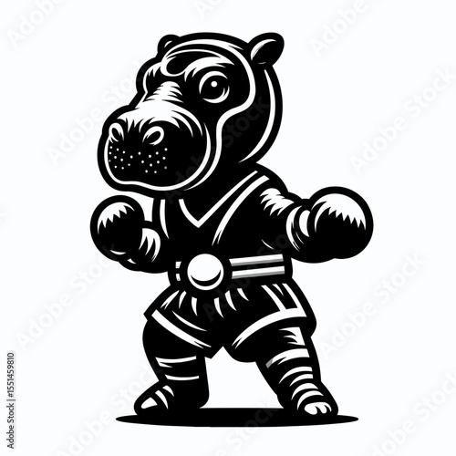 Pygmy hippo in muay thai costume. Boxing Sport Cartoon Animal Clipart Line Art Vector Illustration. Tiny figure wearing fight gear a martial attire.