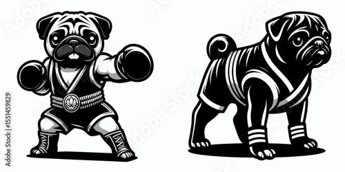 Pug Dog in muay thai costume. Boxing Sport Cartoon Animal Clipart Line Art Vector Illustration. Canine fighter attire adorable boxer breed for martial theme.