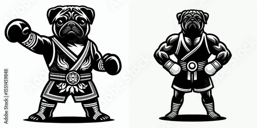 Pug Dog in muay thai costume. Boxing Sport Cartoon Animal Clipart Line Art Vector Illustration. Canine fighter garb comical combat attire pugilist.