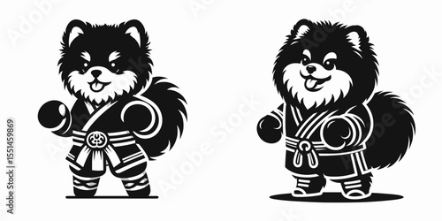 Pomeranian Dog in muay thai costume. Boxing Sport Cartoon Animal Clipart Line Art Vector Illustration. Canine fighting attire small breed with concept.