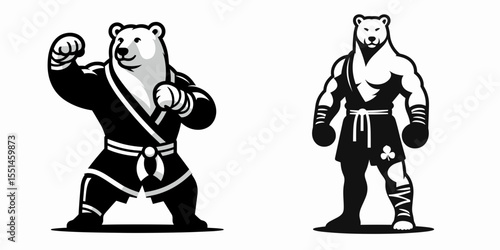 Polar Bear in muay thai costume. Boxing Sport Cartoon Animal Clipart Line Art Vector Illustration. Arctic mammal with attire a combat outfit kickboxing concept.