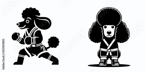 Poodle Dog in muay thai costume. Boxing Sport Cartoon Animal Clipart Line Art Vector Illustration. Canine fighting apparel a curly pet martial clothing.