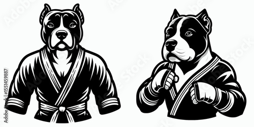 Pittbulls Dog in muay thai costume. Boxing Sport Cartoon Animal Clipart Line Art Vector Illustration. Tough canine kickboxing gear fighting outfit strong breed pet.