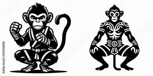 Monkey in muay thai costume. Boxing Sport Cartoon Animal Clipart Line Art Vector Illustration. Primate attire simian fighter with combat clothing.