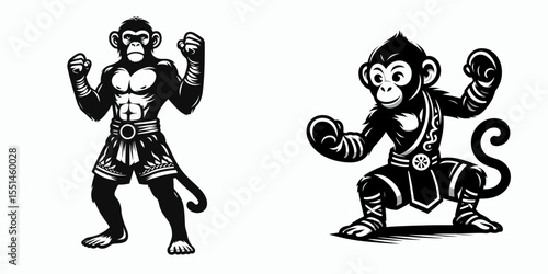 Monkey in muay thai costume. Boxing Sport Cartoon Animal Clipart Line Art Vector Illustration. Ape wearing kickboxing outfit comical mammal combat attire.