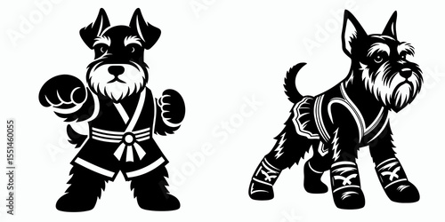 Miniature Schnauzer Dog in muay thai costume. Boxing Sport Cartoon Animal Clipart Line Art Vector Illustration. Small canine pet kickboxing fight garment apparel.