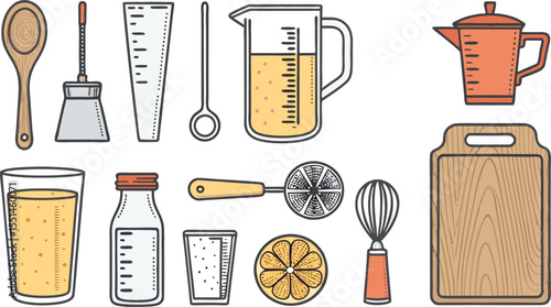 set of kitchen utensils colorful Flat Icon Set of Drink Preparation and Mixing Tools Kitchen and Bar Elements in Minimal Vector Style on White Background.