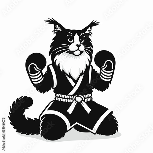 Maine Coon Cat in muay thai costume. Boxing Sport Cartoon Animal Clipart Line Art Vector Illustration. Big kitty wearing fight apparel a combat feline attire.