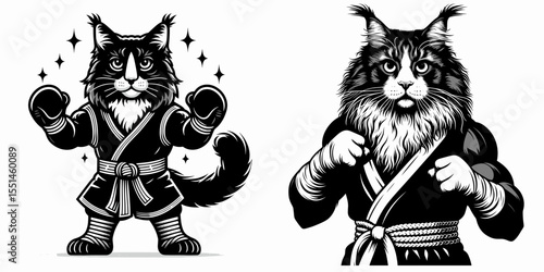 Maine Coon Cat in muay thai costume. Boxing Sport Cartoon Animal Clipart Line Art Vector Illustration. Big feline fighting garb combat attire fighter pet.