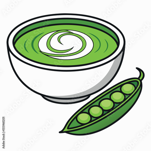 Bowl of green pea soup with fresh pea pod isolated on white background