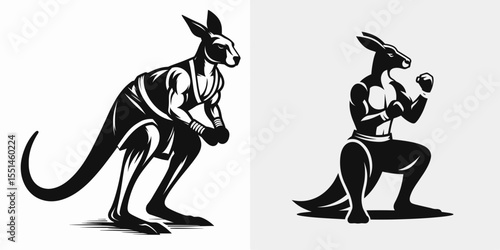 Kangaroo in muay thai costume. Boxing Sport Cartoon Animal Clipart Line Art Vector Illustration. marsupial kickboxing attire fighter martial garment.