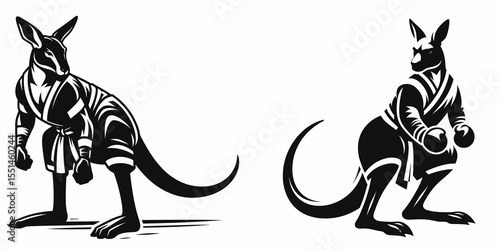 Kangaroo in muay thai costume. Boxing Sport Cartoon Animal Clipart Line Art Vector Illustration. marsupial fight wear creature athlete apparel.
