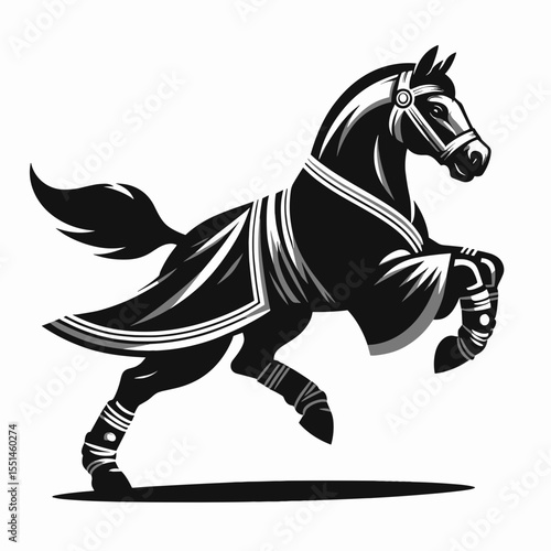Horse in muay thai costume. Boxing Sport Cartoon Animal Clipart Line Art Vector Illustration. Equine wearing martial garb combat attire for theme.