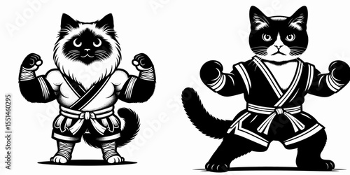 Ragdoll Cat in muay thai costume. Boxing Sport Cartoon Animal Clipart Line Art Vector Illustration. Fluffy kitten with kickboxing gear practice martial attire.