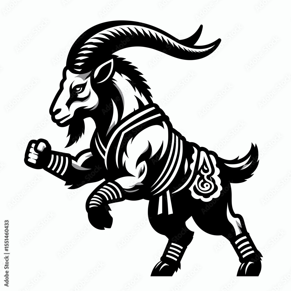Fototapeta premium Goat in muay thai costume. Boxing Sport Cartoon Animal Clipart Line Art Vector Illustration. Caprine figure wearing kickboxing fighter apparel design.