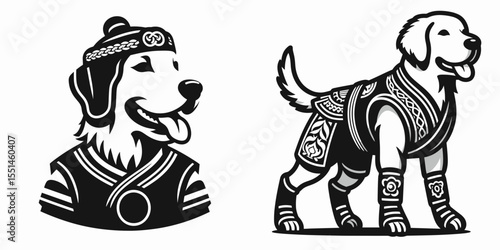 Golden Retriever Dog in muay thai costume. Boxing Sport Cartoon Animal Clipart Line Art Vector Illustration. Canine pet kickboxing garb a fighter concept for breed picture.