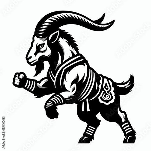 Goat in muay thai costume. Boxing Sport Cartoon Animal Clipart Line Art Vector Illustration. Caprine figure wearing kickboxing fighter apparel design.