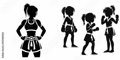 girl in muay thai costume. Boxing Sport Cartoon Animal Clipart Line Art Vector Illustration. Young female wearing traditional dress for a combat match.