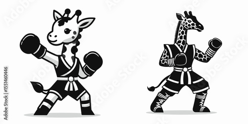 Giraffe in muay thai costume. Boxing Sport Cartoon Animal Clipart Line Art Vector Illustration. Tall african mammal wearing a kickboxing outfit martial attire.