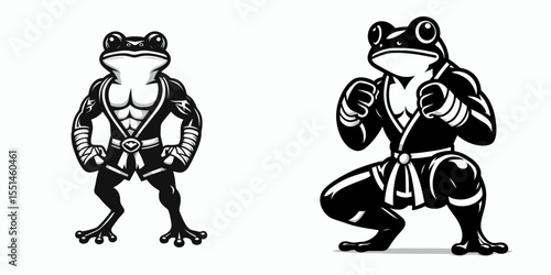 Frog in muay thai costume. Boxing Sport Cartoon Animal Clipart Line Art Vector Illustration. Amphibian garb funny wildlife image.