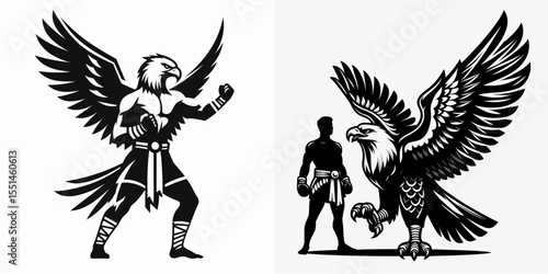 Eagle in muay thai costume. Boxing Sport Cartoon Animal Clipart Line Art Vector Illustration. Bird fighter attire garment raptor combat clothes.
