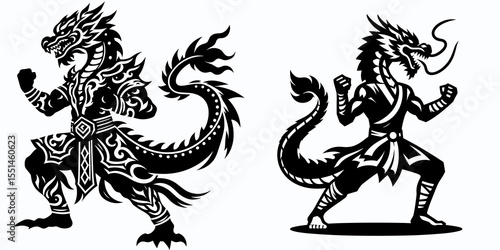 Dragon in muay thai costume. Boxing Sport Cartoon Animal Clipart Line Art Vector Illustration. Eastern reptile attire fighter concept southeast asia theme.