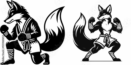 Fox in muay thai costume. Boxing Sport Cartoon Animal Clipart Line Art Vector Illustration. Canine fighting apparel martial attire kingdom garment.
