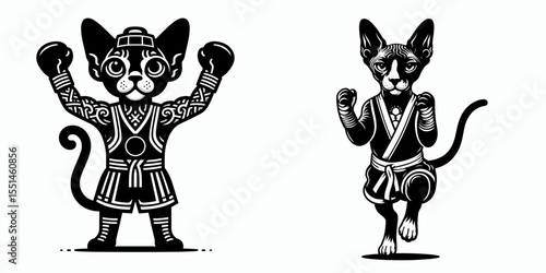 Devon Rex Cat in muay thai costume. Boxing Sport Cartoon Animal Clipart Line Art Vector Illustration. Curly feline wearing fighter clothing martial theme funny kitty picture.
