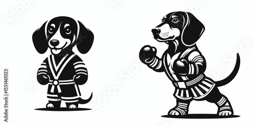 Dachshund Dog in muay thai costume. Boxing Sport Cartoon Animal Clipart Line Art Vector Illustration. Weiner canine kickboxing attire boxer puppy martial apparel.