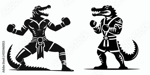 Crocodile in muay thai costume. Boxing Sport Cartoon Animal Clipart Line Art Vector Illustration. Gator attire reptile fighter martial getup.