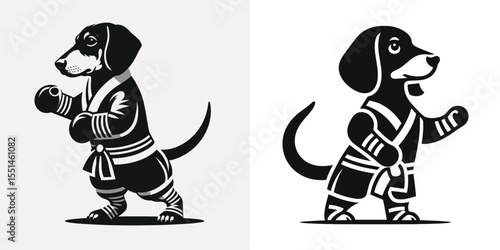 Dachshund Dog in muay thai costume. Boxing Sport Cartoon Animal Clipart Line Art Vector Illustration. Badger canine kickboxing outfit cute pet apparel martial theme.