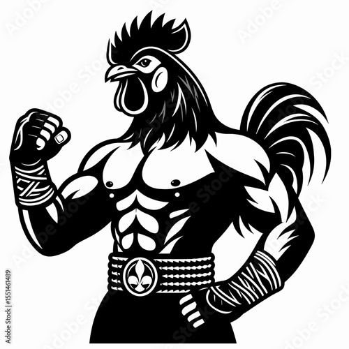 Chicken in muay thai costume. Boxing Sport Cartoon Animal Clipart Line Art Vector Illustration. Fowl combat attire asian martial garment for a domestic bird.