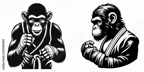 Chimpanzee in muay thai costume. Boxing Sport Cartoon Animal Clipart Line Art Vector Illustration. Ape kickboxing garb primate martial outfit fighter apparel.