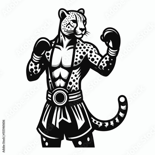Cheetah in muay thai costume. Boxing Sport Cartoon Animal Clipart Line Art Vector Illustration. Fast cat wearing gear wild feline fighting attire.
