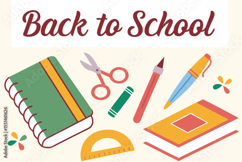 A vibrant collection of colorful school stationery supplies, including pencils, pens, notebooks, and scissors, perfect for back to school education and office desk organization