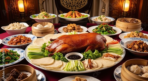 Peking Duck Feast with Traditional Chinese Dishes in Elegant Setting