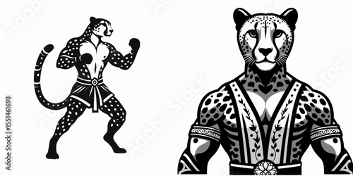 Cheetah in muay thai costume. Boxing Sport Cartoon Animal Clipart Line Art Vector Illustration. Feline attire fast cat at martial combat event clothes.
